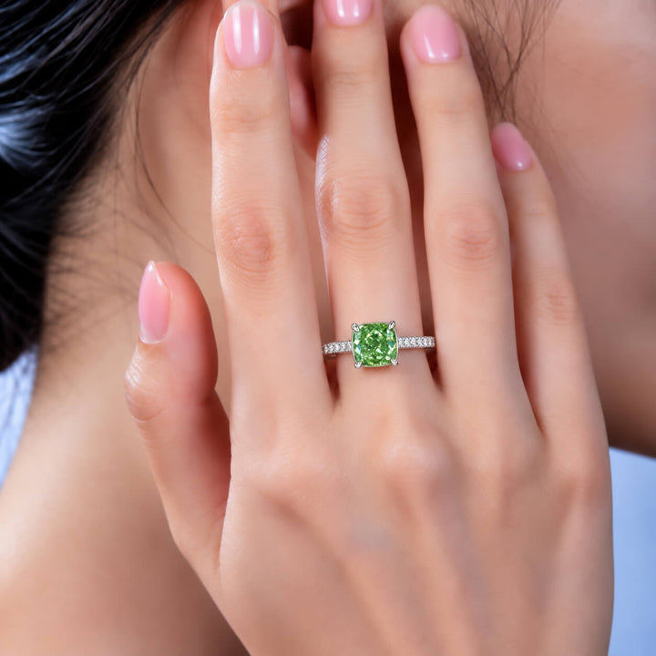 Cushion cut lab grown green diamond engagement ring