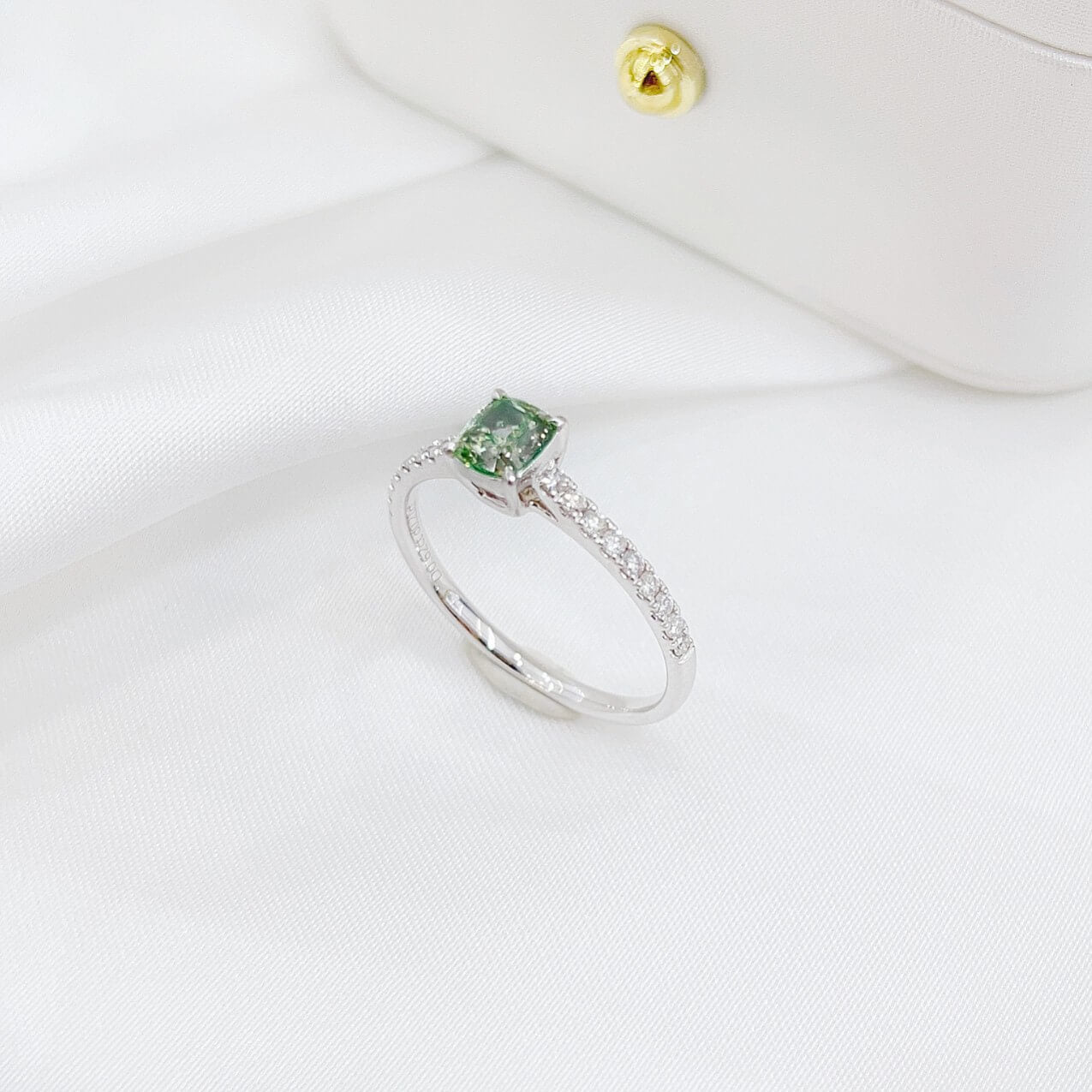 Cushion cut lab grown green diamond engagement ring