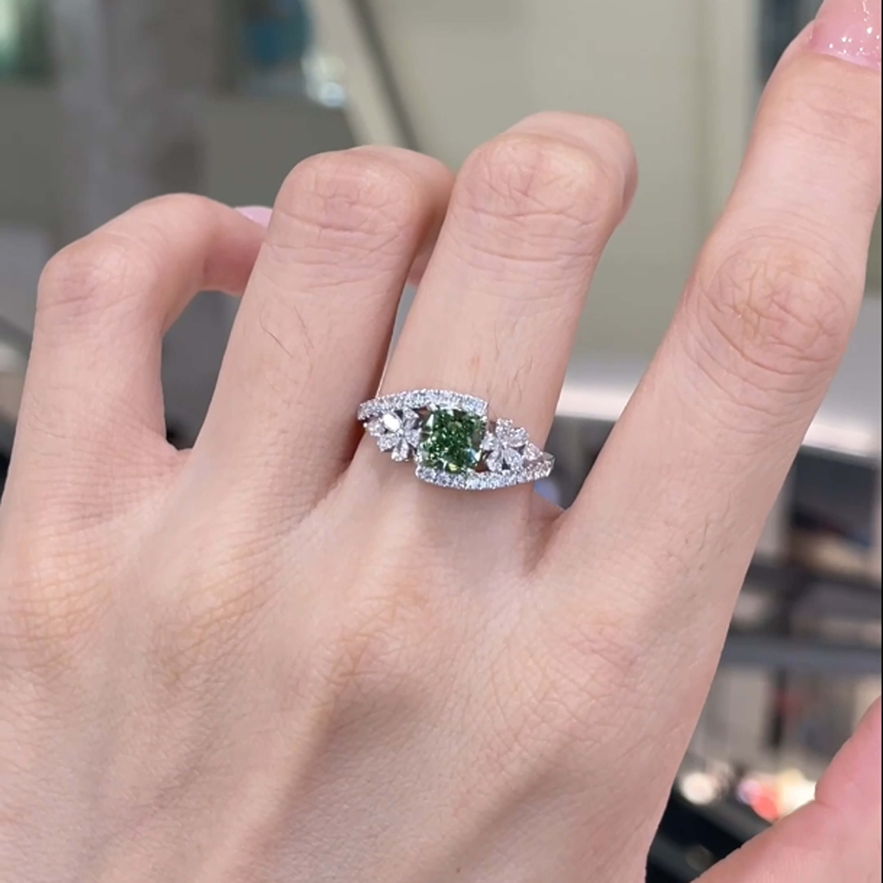 Cushion cut lab grown green diamond engagement ring