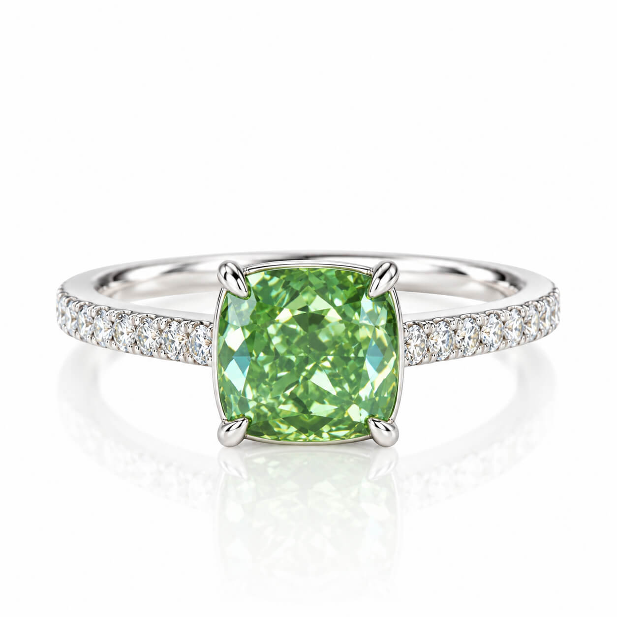 Cushion cut lab grown green diamond engagement ring