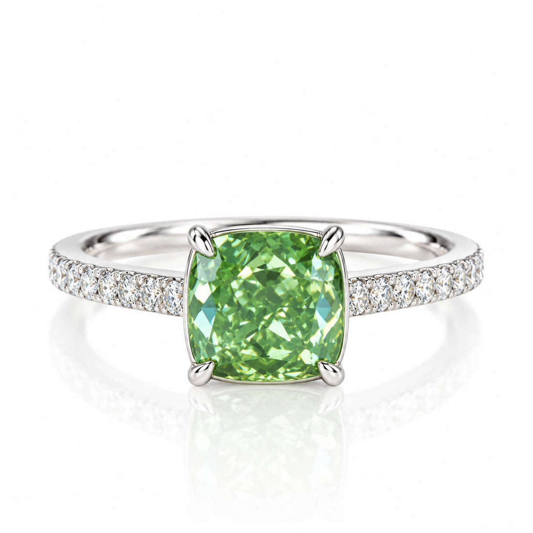 Cushion cut lab grown green diamond engagement ring
