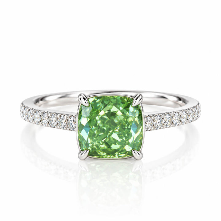 Cushion cut lab grown green diamond engagement ring