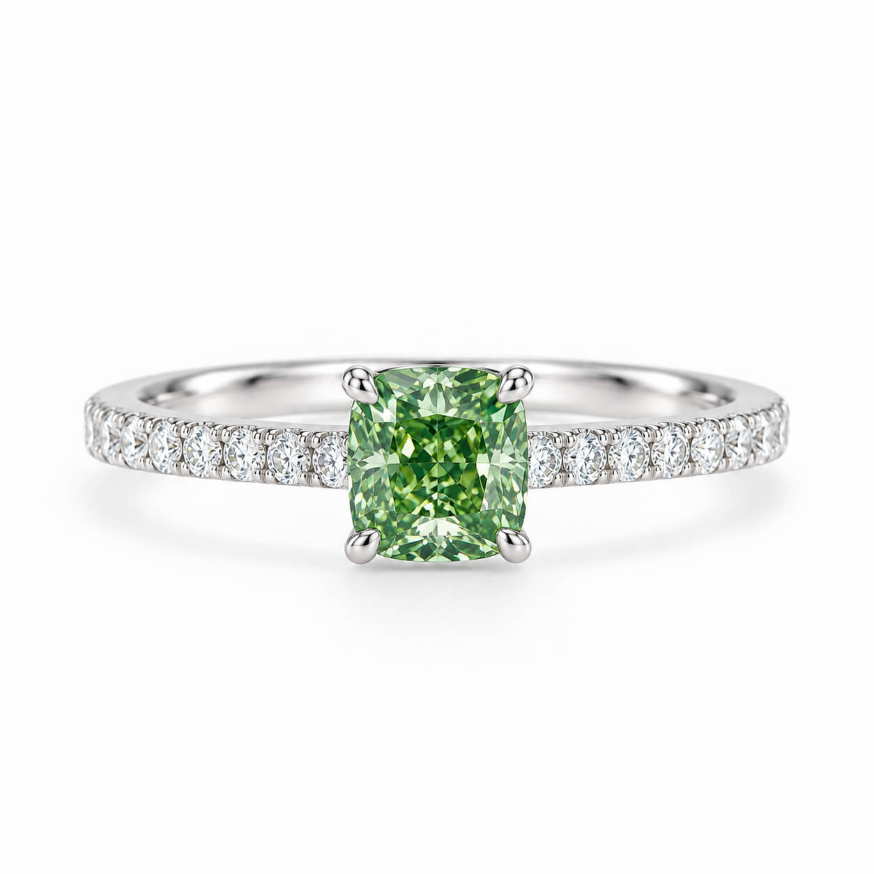 Cushion cut lab grown green diamond engagement ring