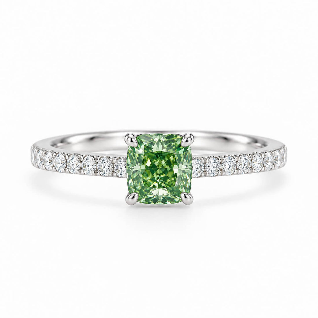 Cushion cut lab grown green diamond engagement ring
