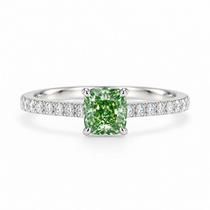 Cushion cut lab grown green diamond engagement ring