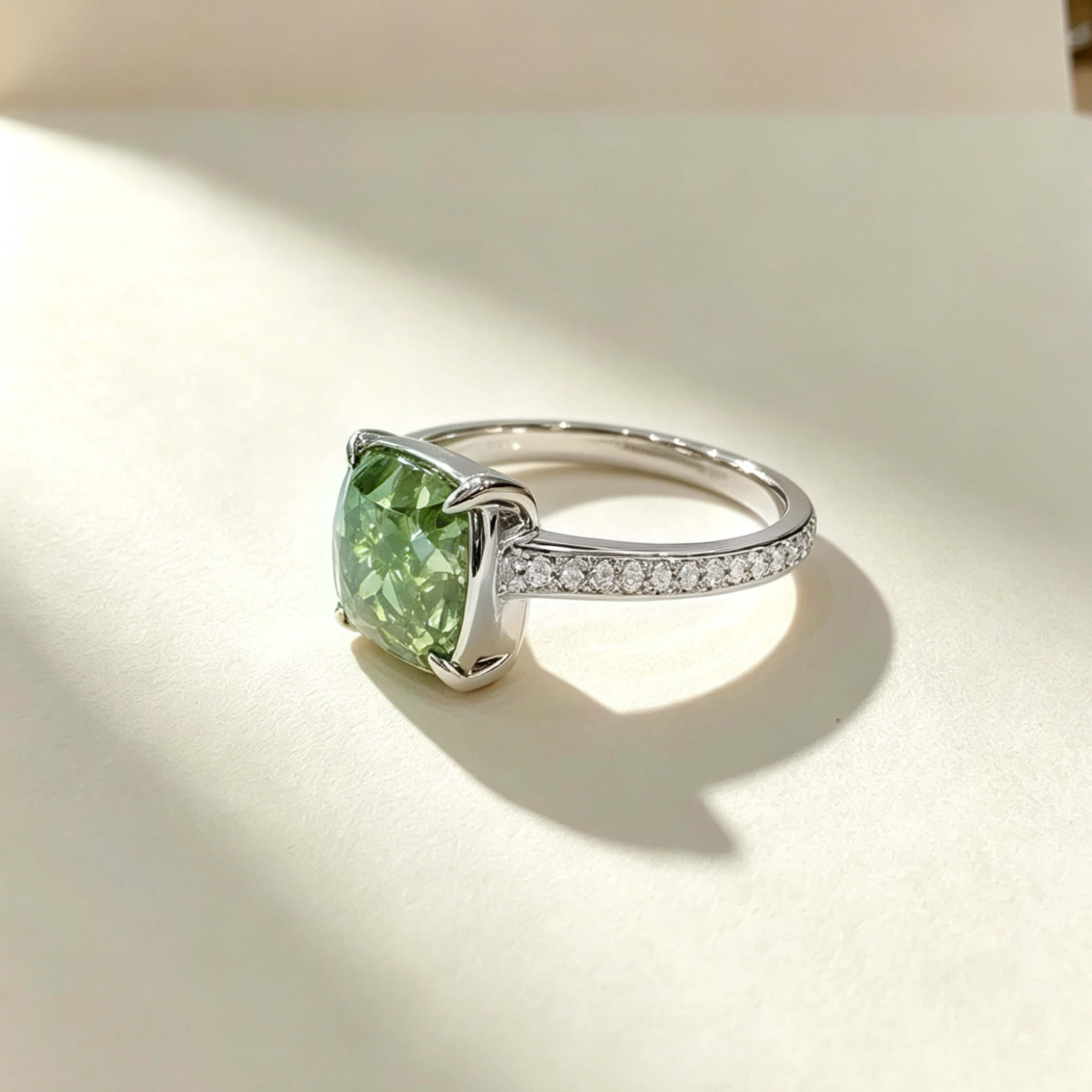 Cushion cut lab grown green diamond engagement ring