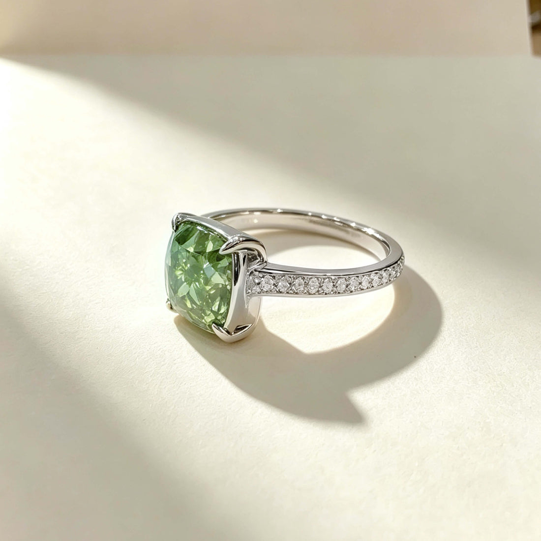 Cushion cut lab grown green diamond engagement ring