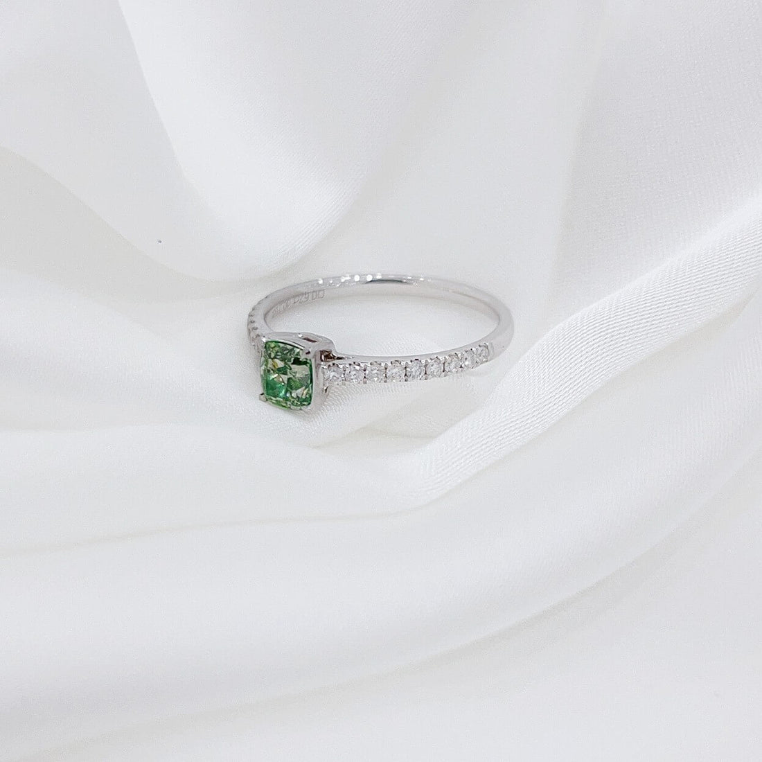 Cushion cut lab grown green diamond engagement ring