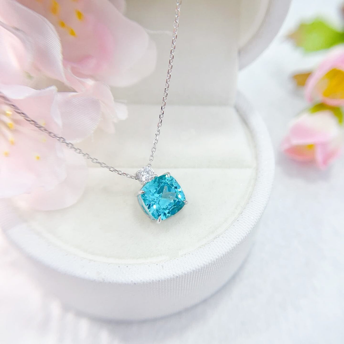 Cushion cut lab grown paraiba pendant necklace