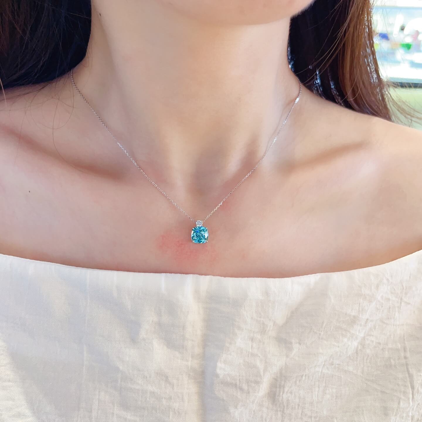 Cushion cut lab grown paraiba pendant necklace