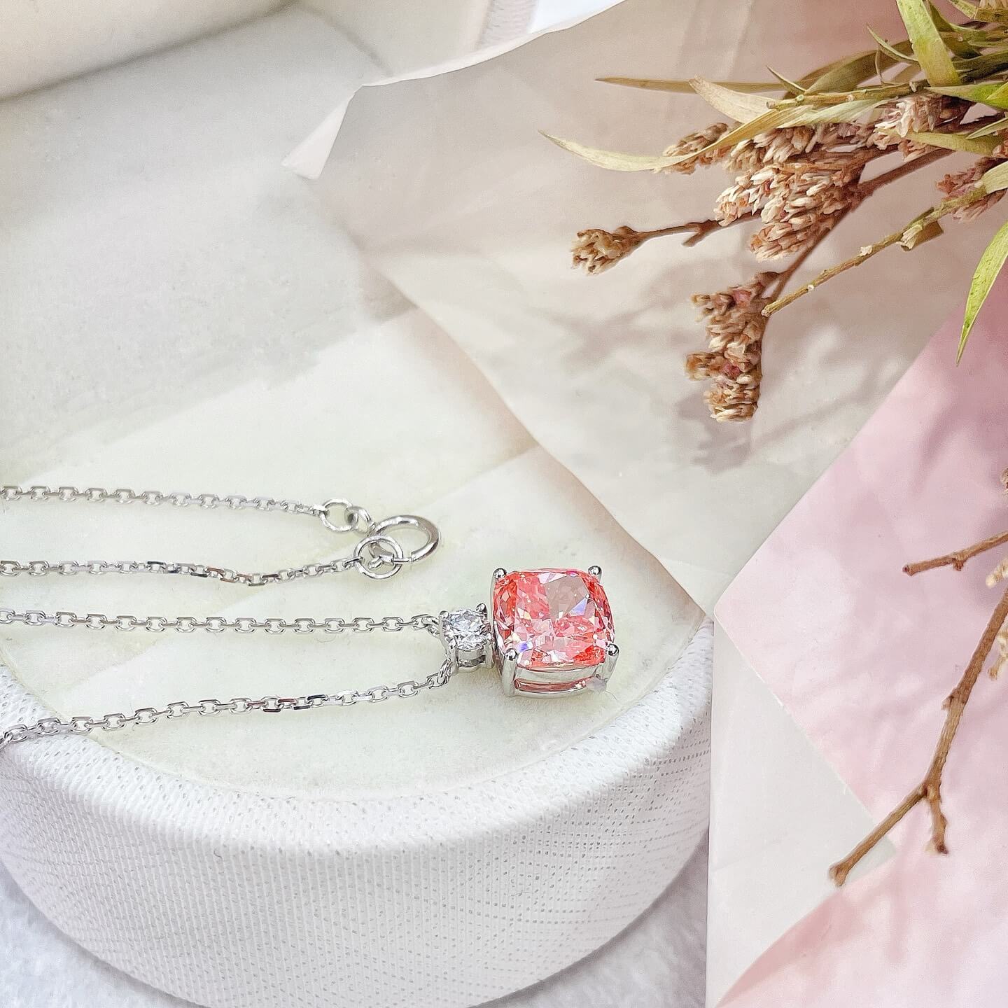 Cushion cut lab grown pink diamond pendant necklace