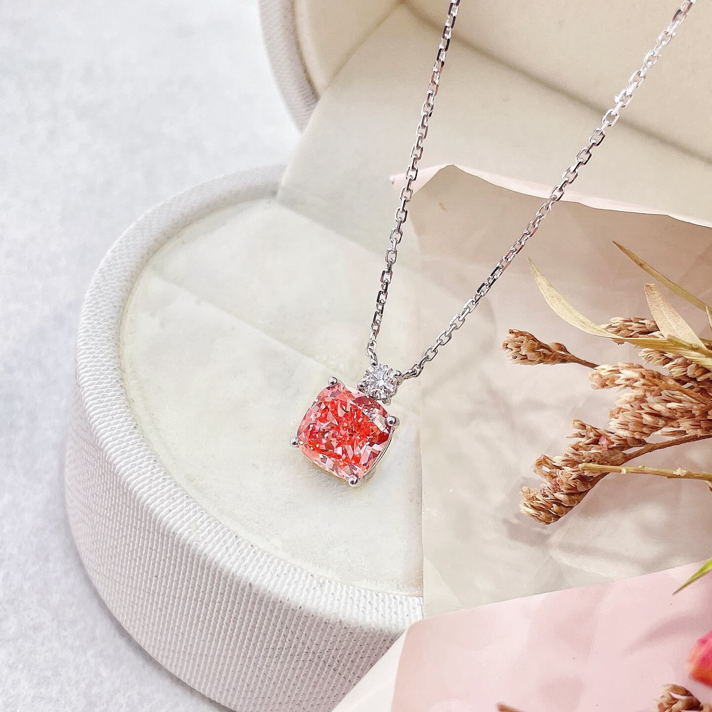 Cushion cut lab grown pink diamond pendant necklace