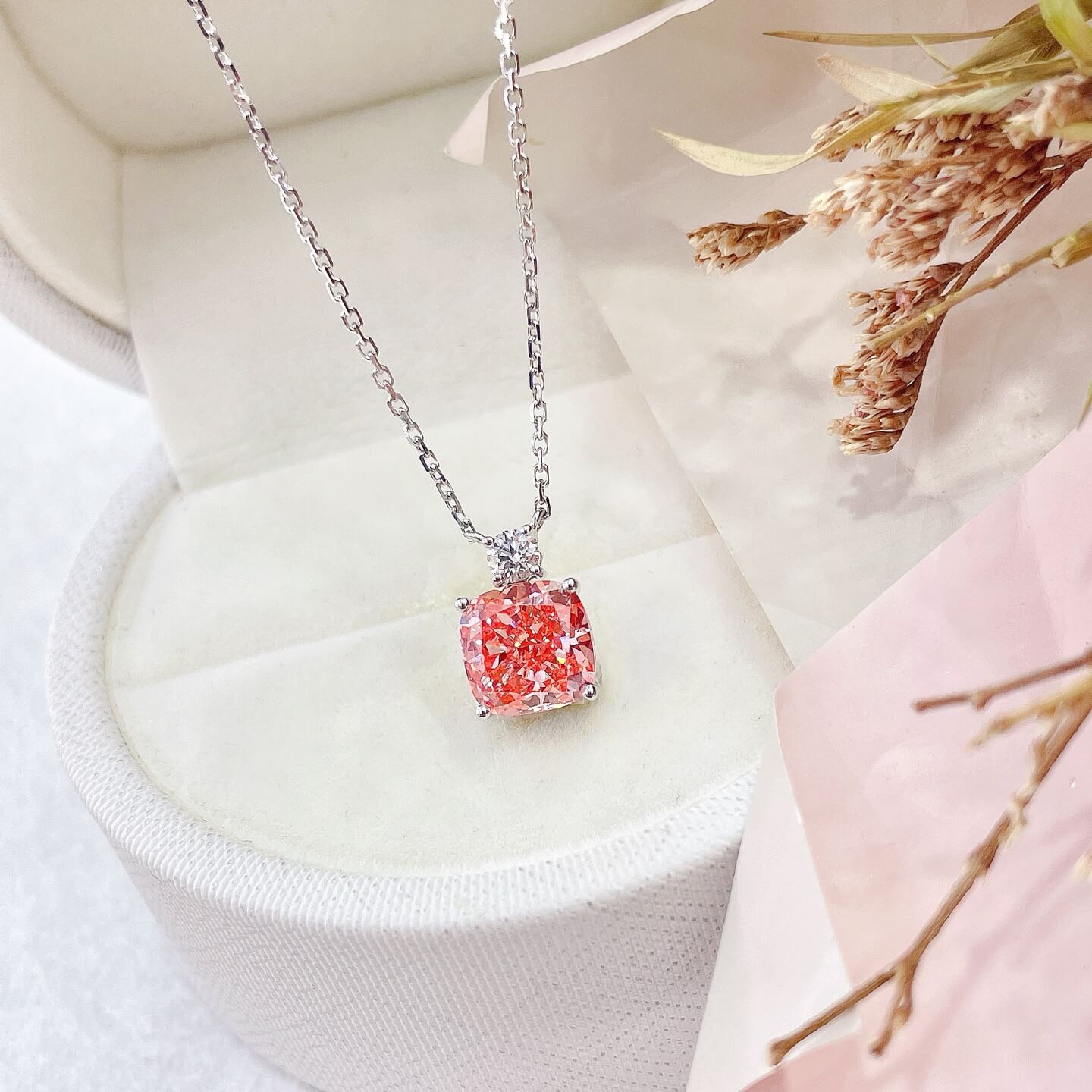 Cushion cut lab grown pink diamond pendant necklace