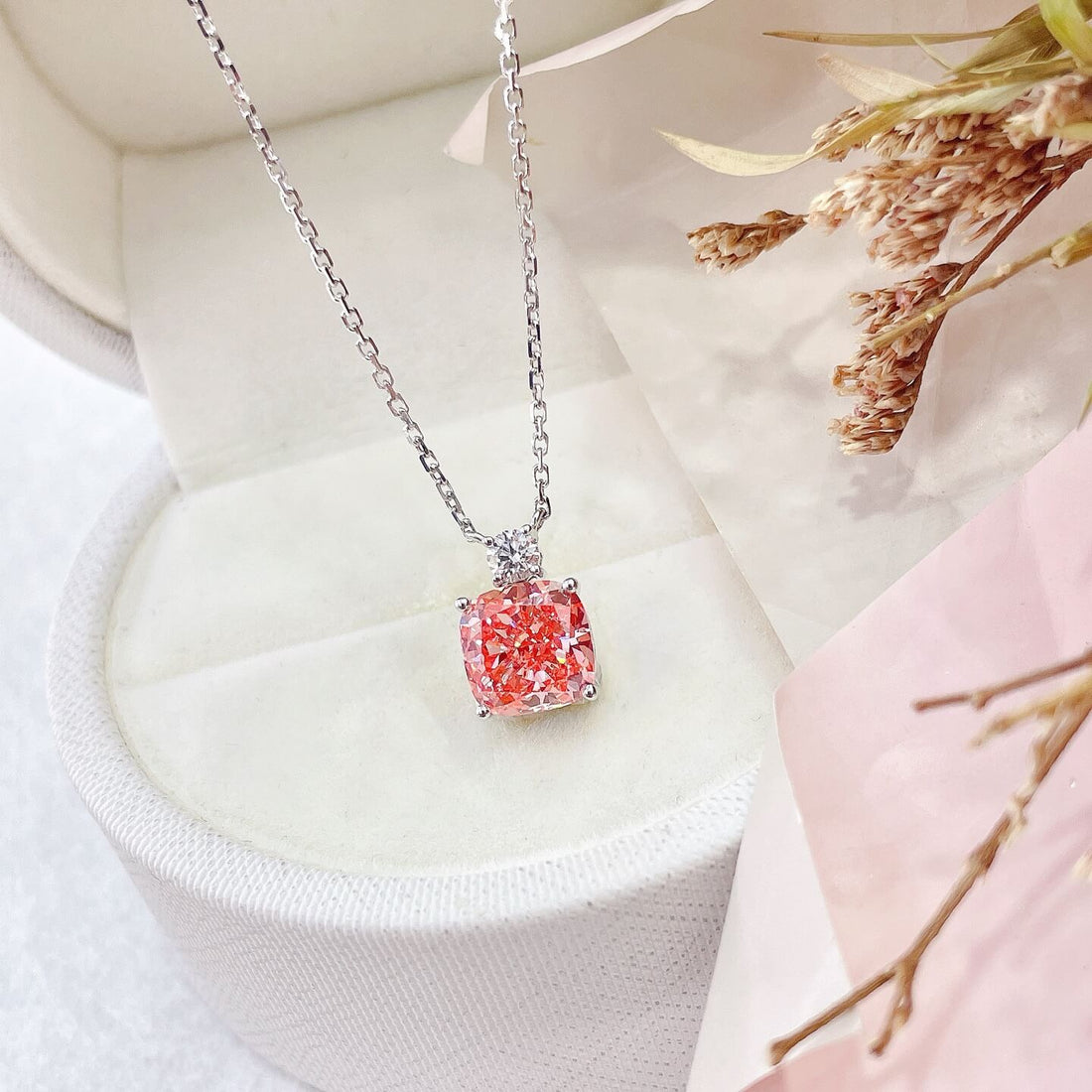 Cushion cut lab grown pink diamond pendant necklace