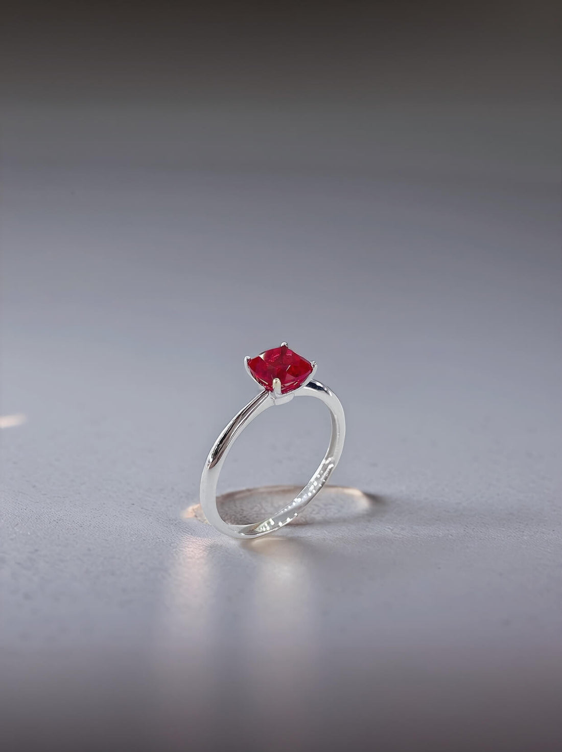 Cushion cut lab grown ruby engagement ring