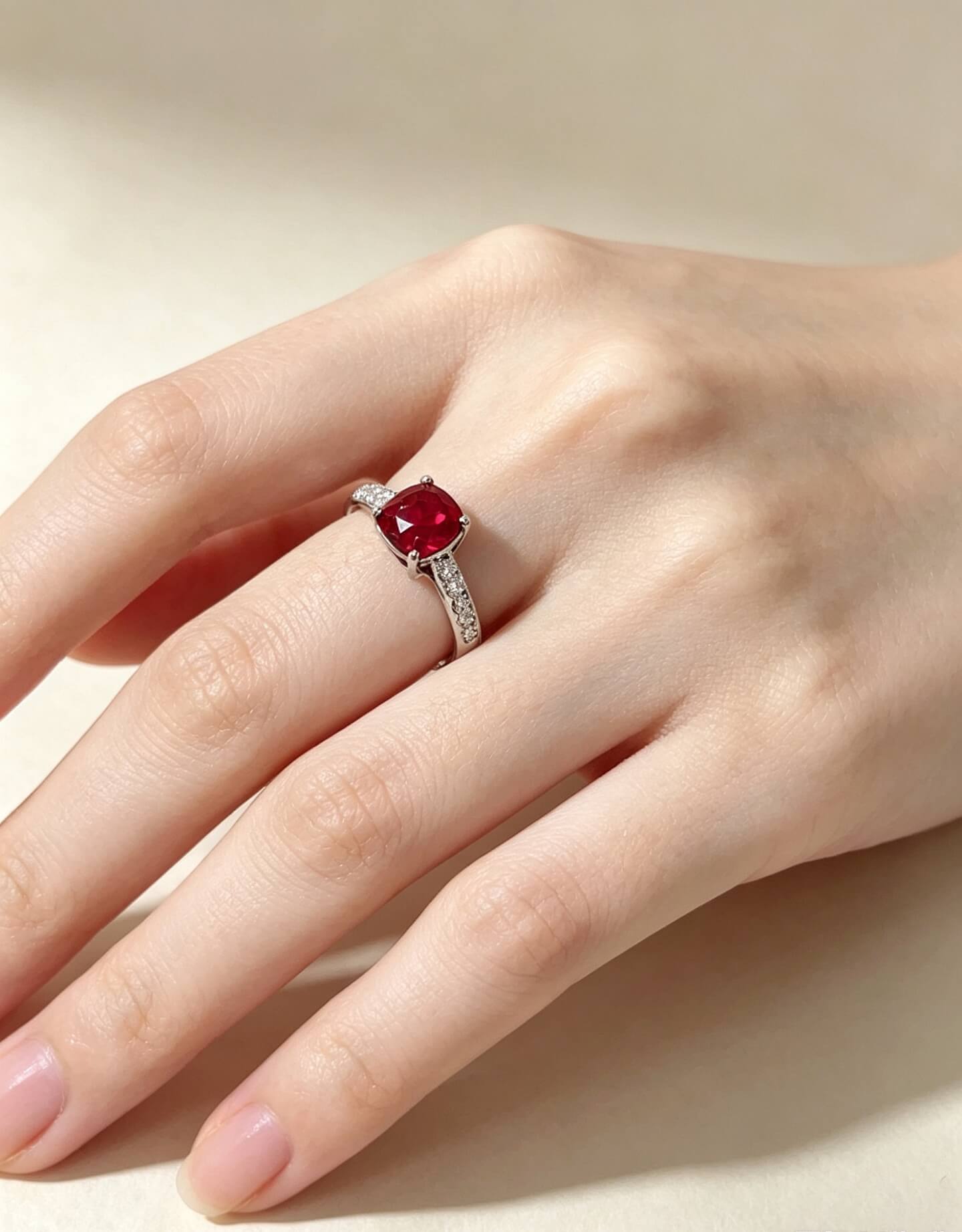 Cushion cut lab grown ruby engagement ring