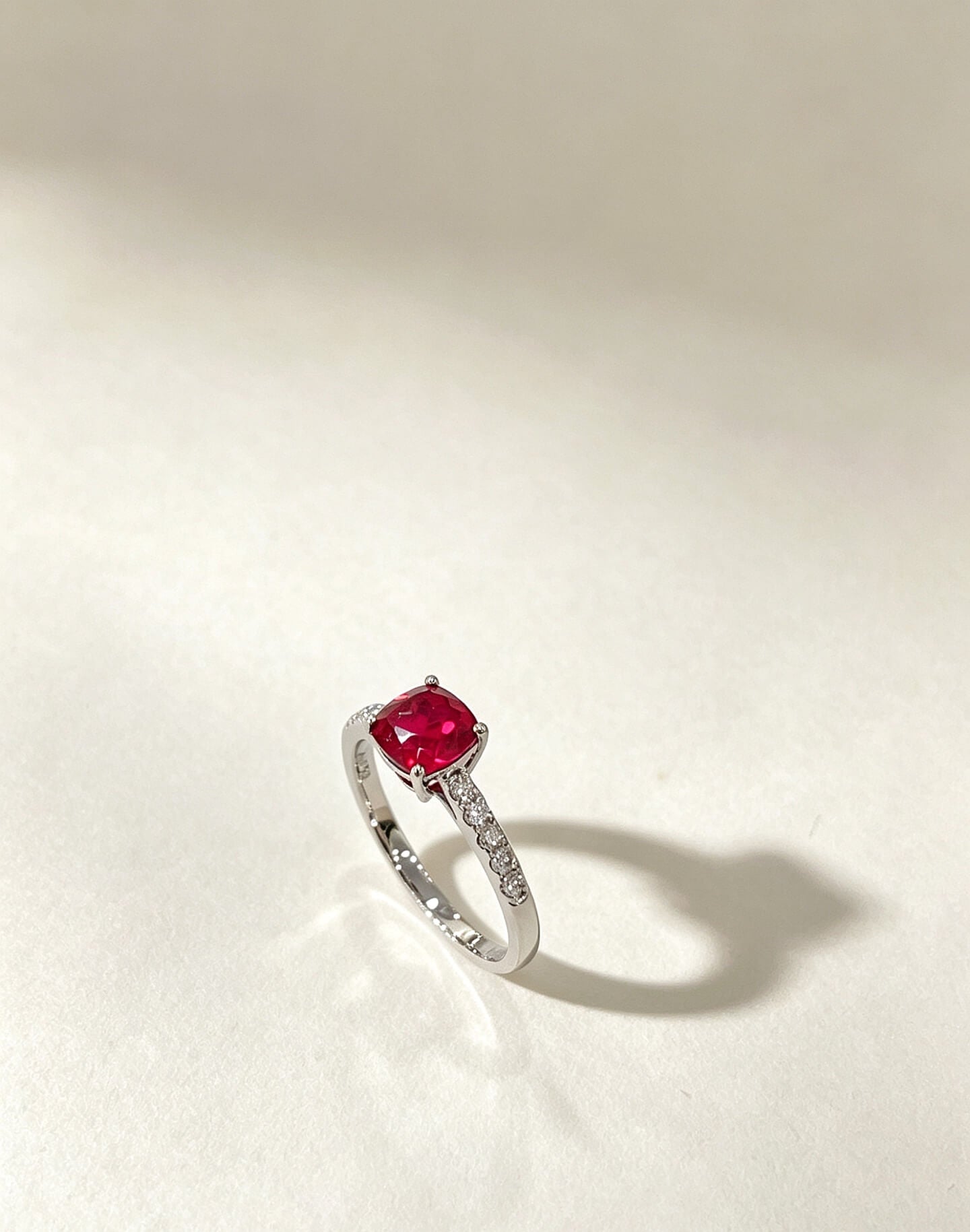 Cushion cut lab grown ruby engagement ring