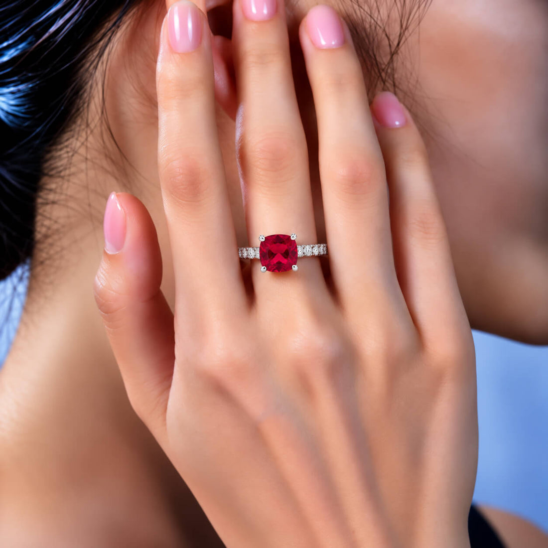 Cushion cut lab grown ruby engagement ring