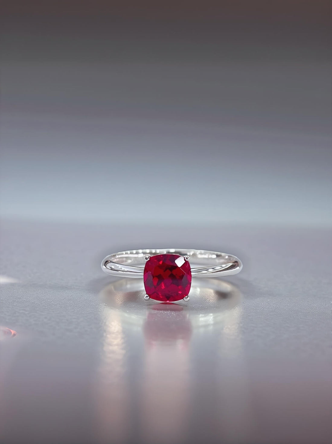 Cushion cut lab grown ruby engagement ring