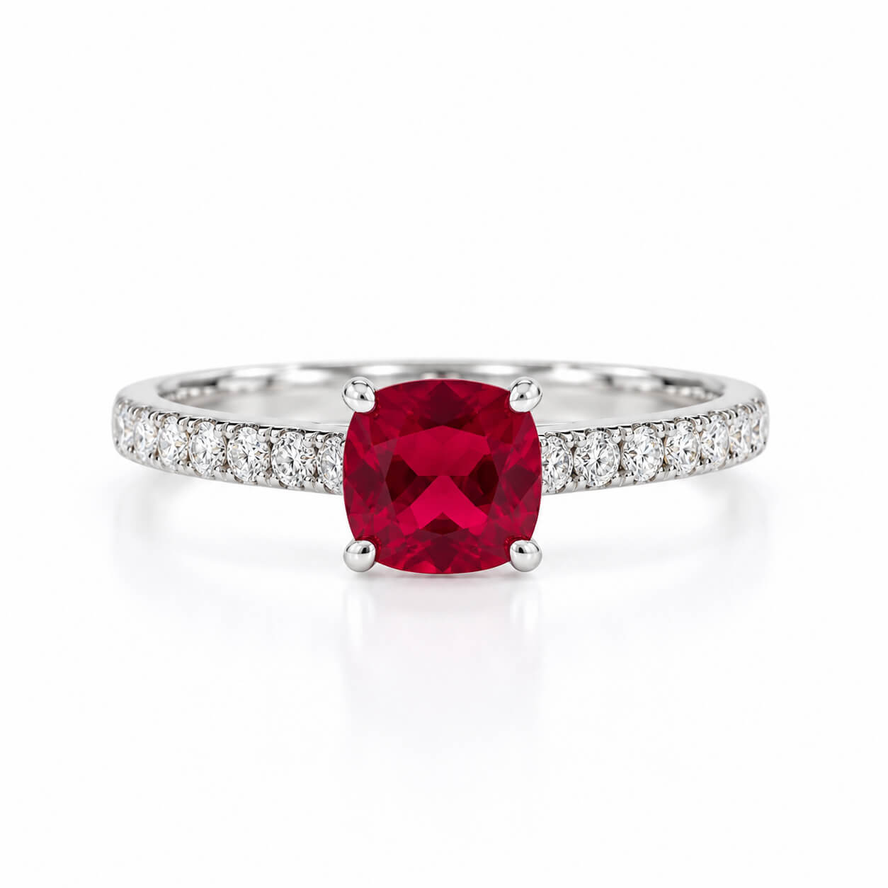 Cushion cut lab grown ruby engagement ring