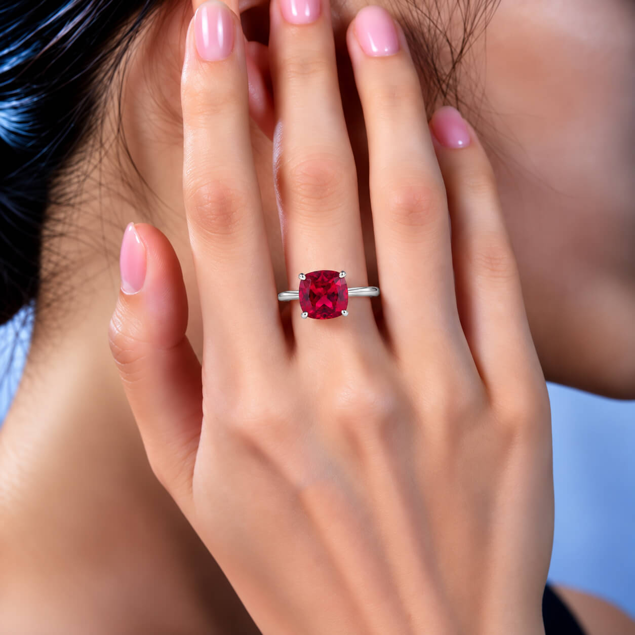 Cushion cut lab grown ruby engagement ring