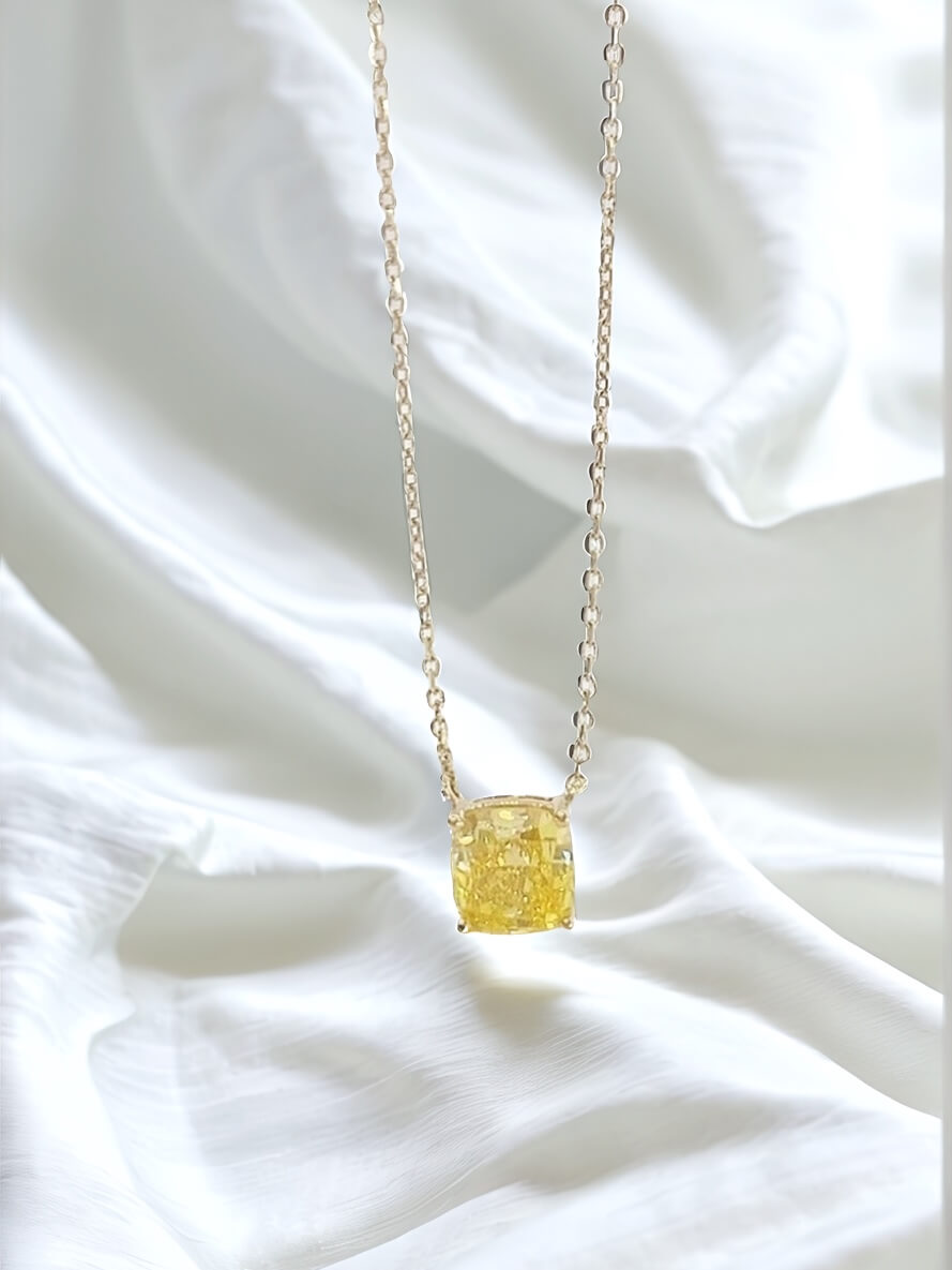 Cushion cut lab grown yellow diamond pendant necklace