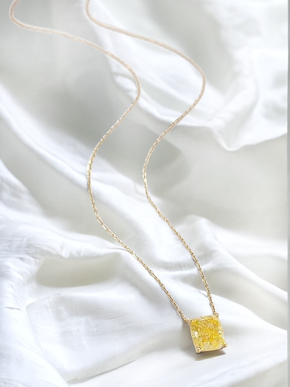 Cushion cut lab grown yellow diamond pendant necklace