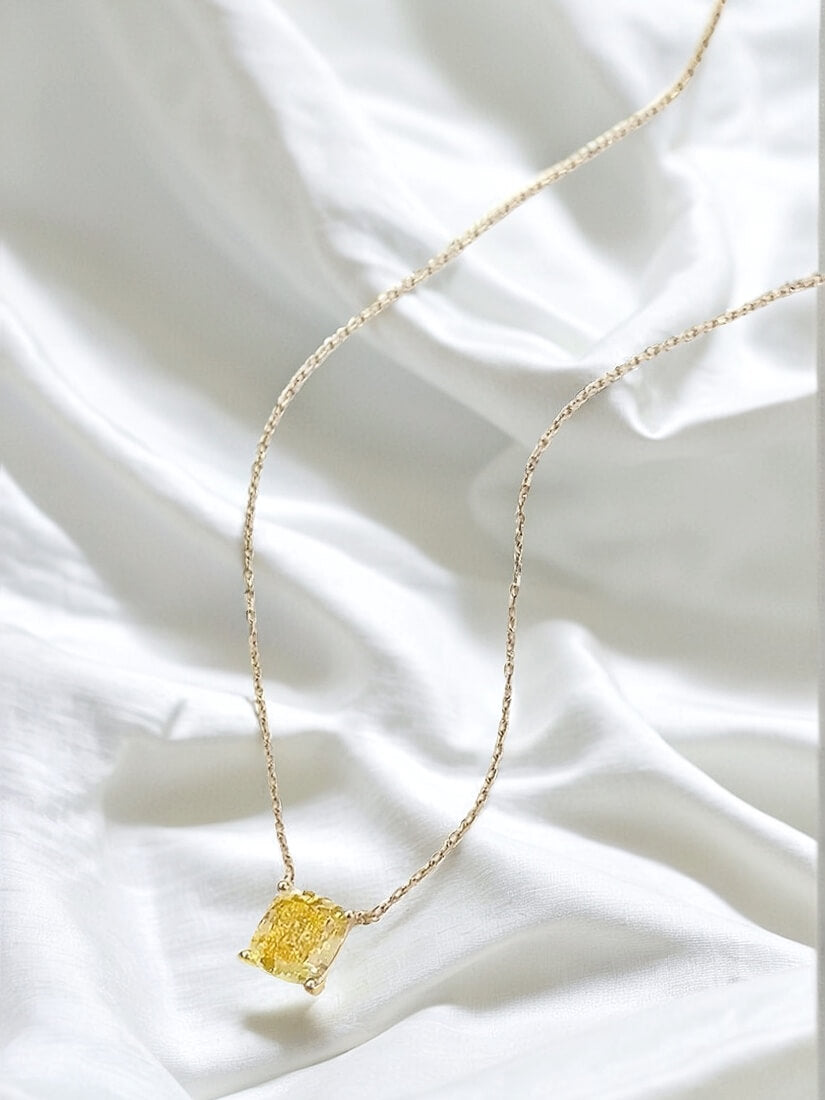 Cushion cut lab grown yellow diamond pendant necklace