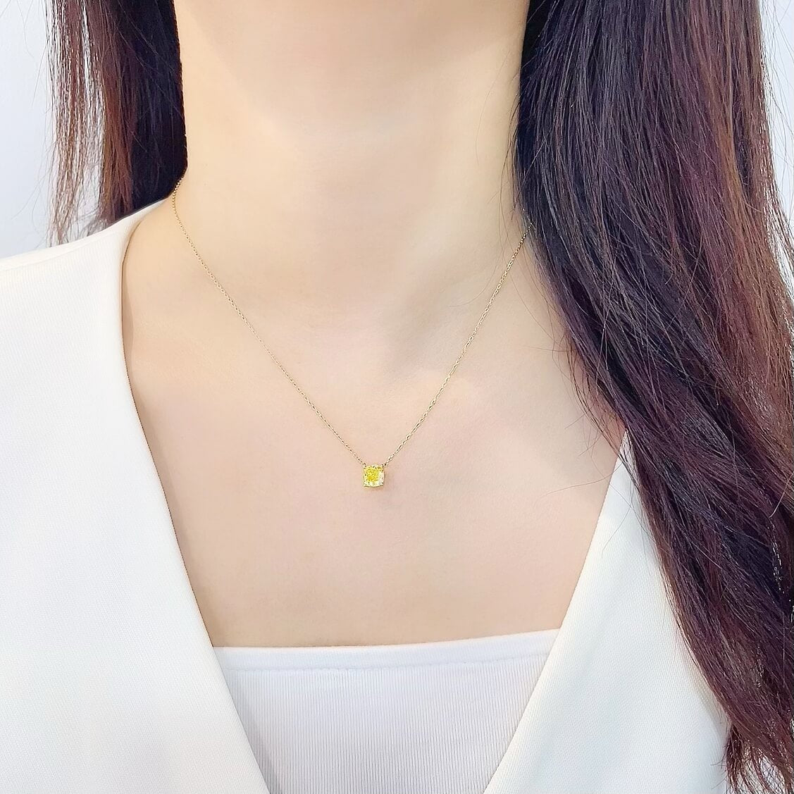 Cushion cut lab grown yellow diamond pendant necklace