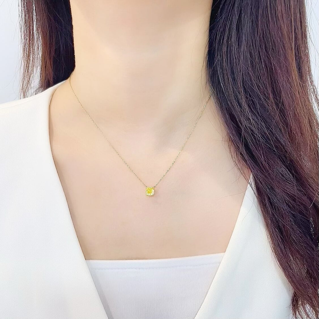 Cushion cut lab grown yellow diamond pendant necklace