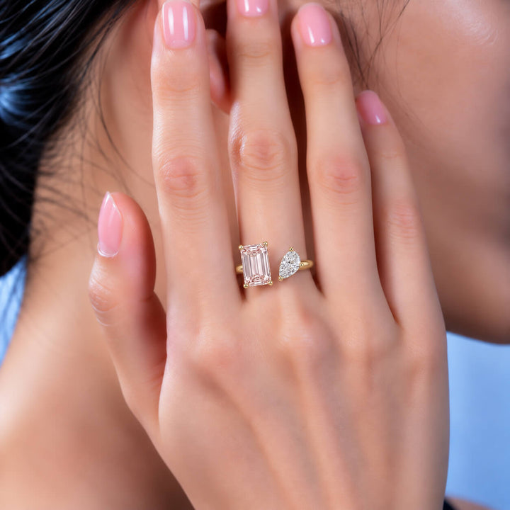 Emerald and pear cut lab grown diamond engagement ring