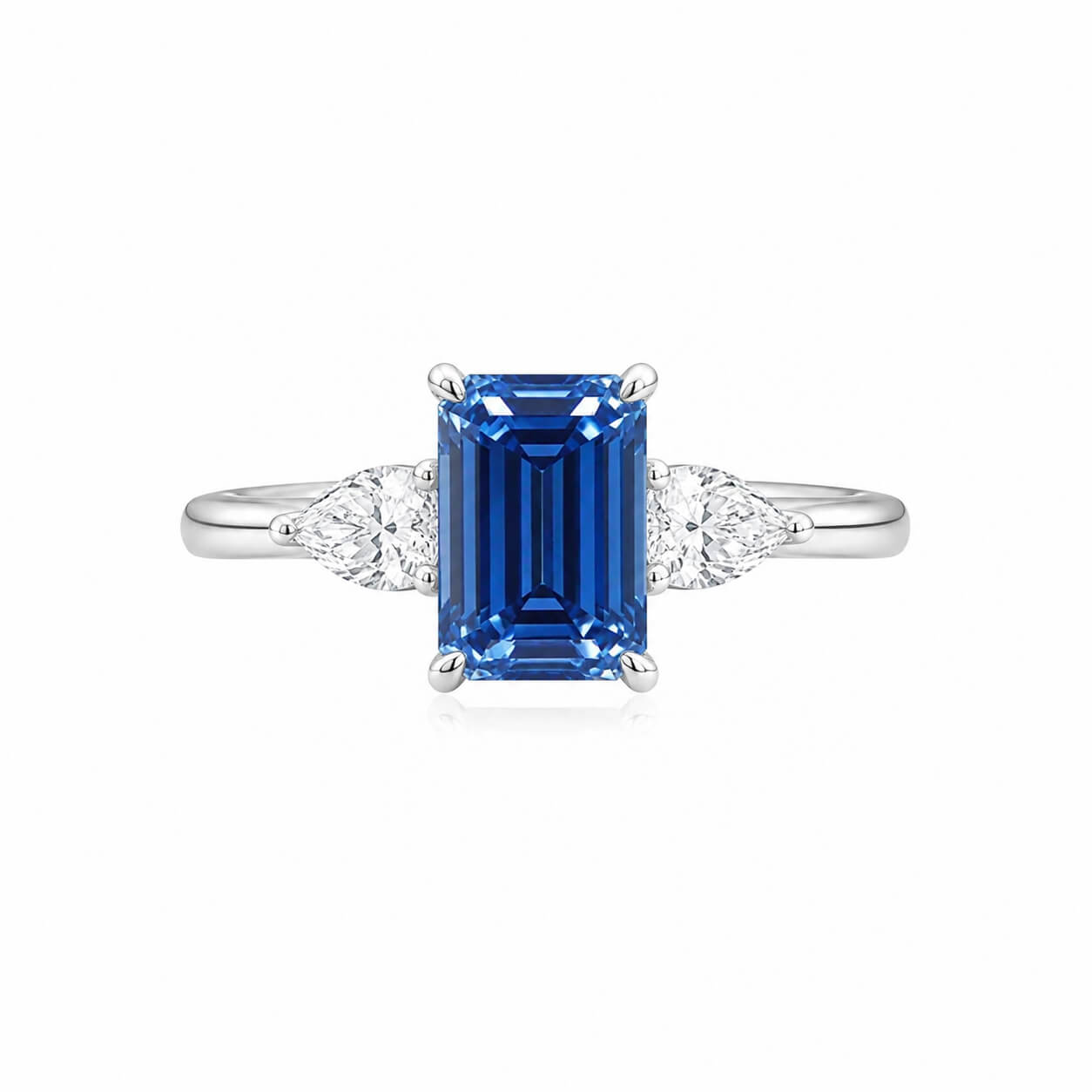 18K gold emerald lab grown blue diamond three stones engagement ring