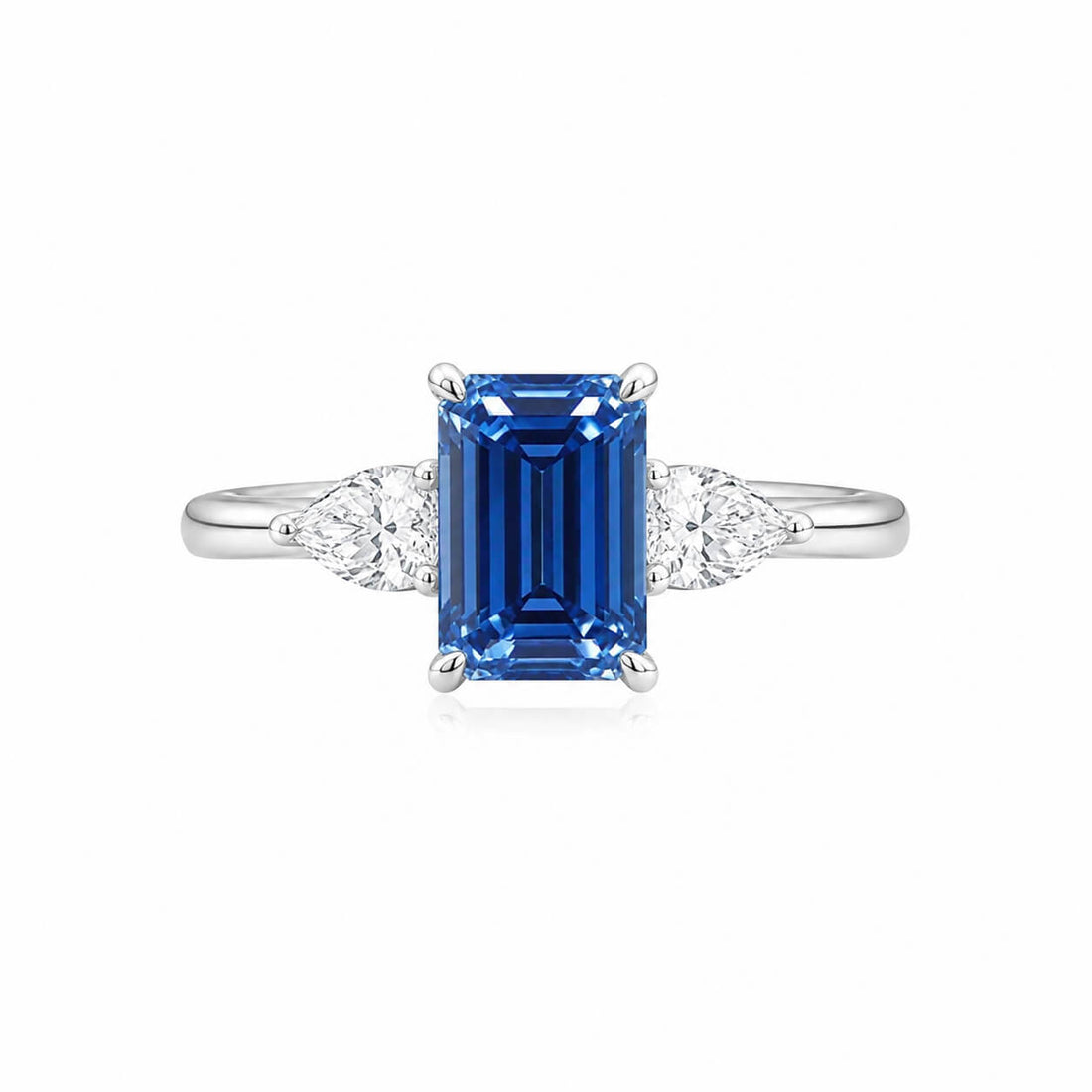 18K gold emerald lab grown blue diamond three stones engagement ring