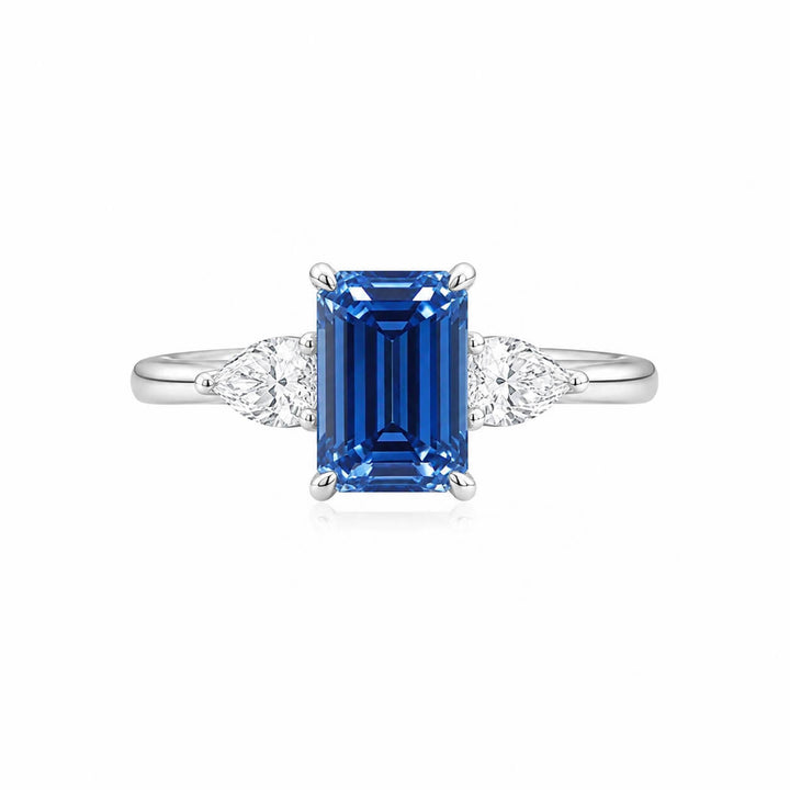 18K gold emerald lab grown blue diamond three stones engagement ring
