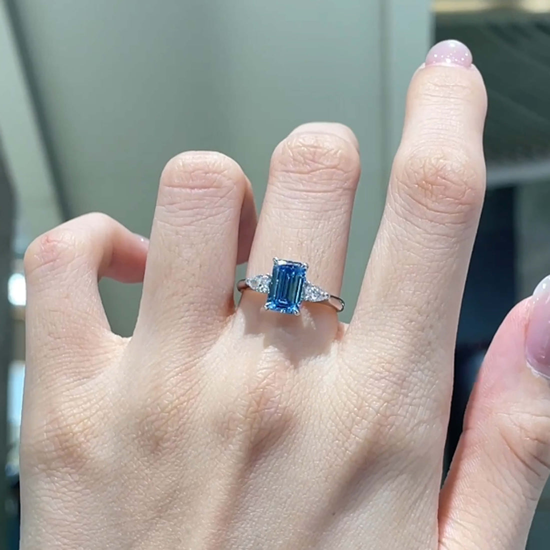 18K gold emerald lab grown blue diamond three stones engagement ring
