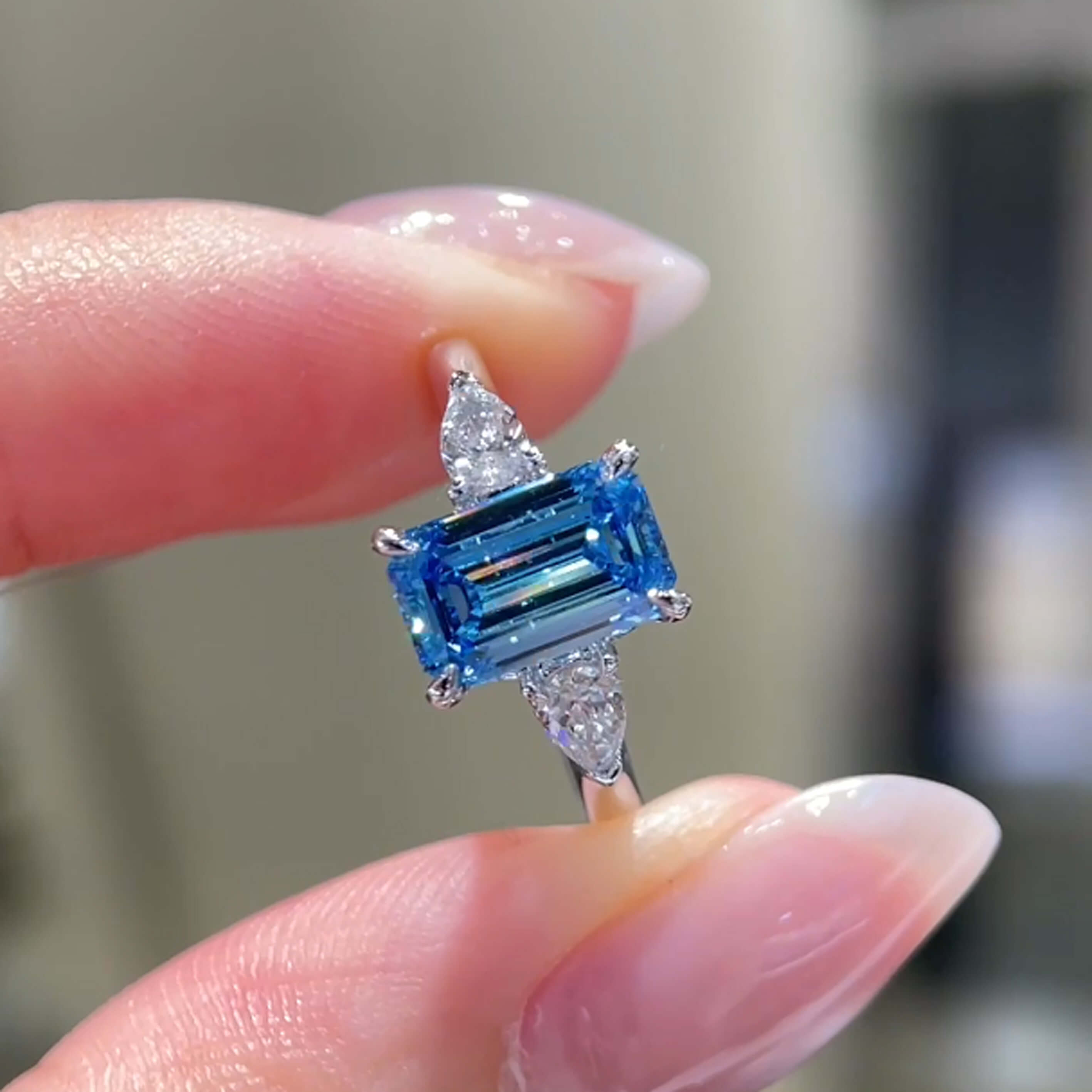 18K gold emerald lab grown blue diamond three stones engagement ring