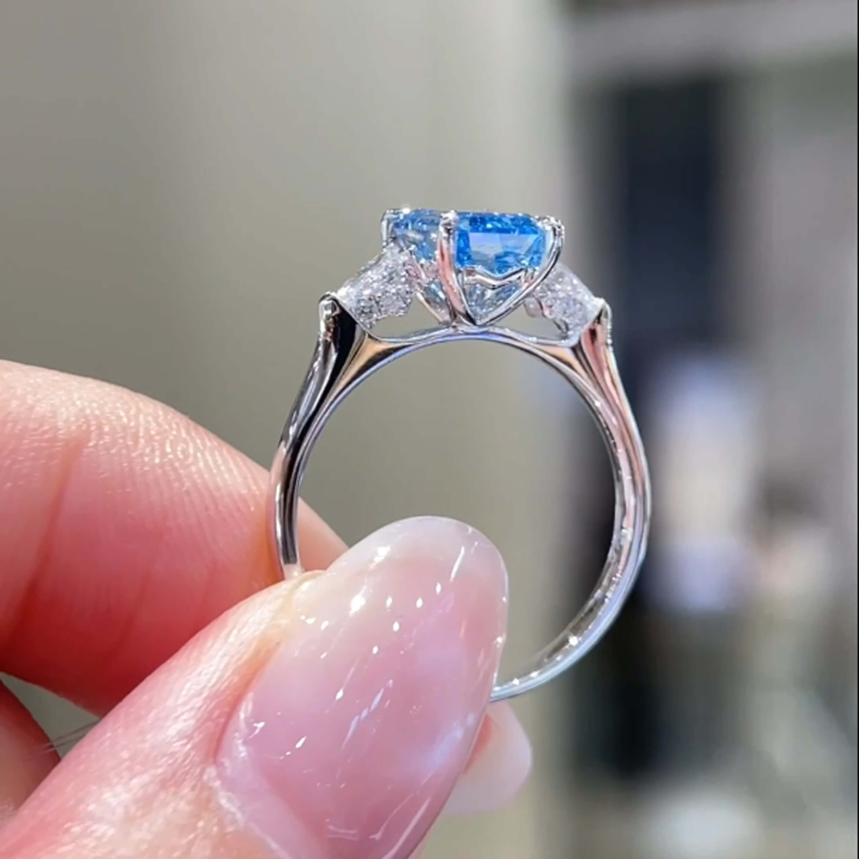 18K gold emerald lab grown blue diamond three stones engagement ring
