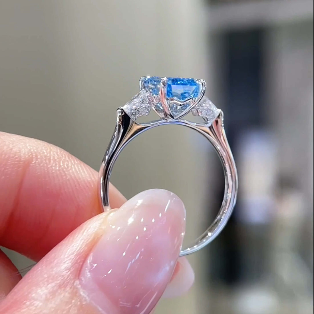 18K gold emerald lab grown blue diamond three stones engagement ring