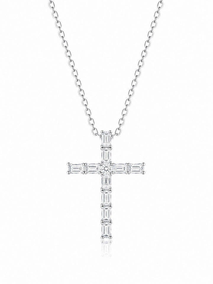 Emerald cut lab grown diamond cross pendant necklace