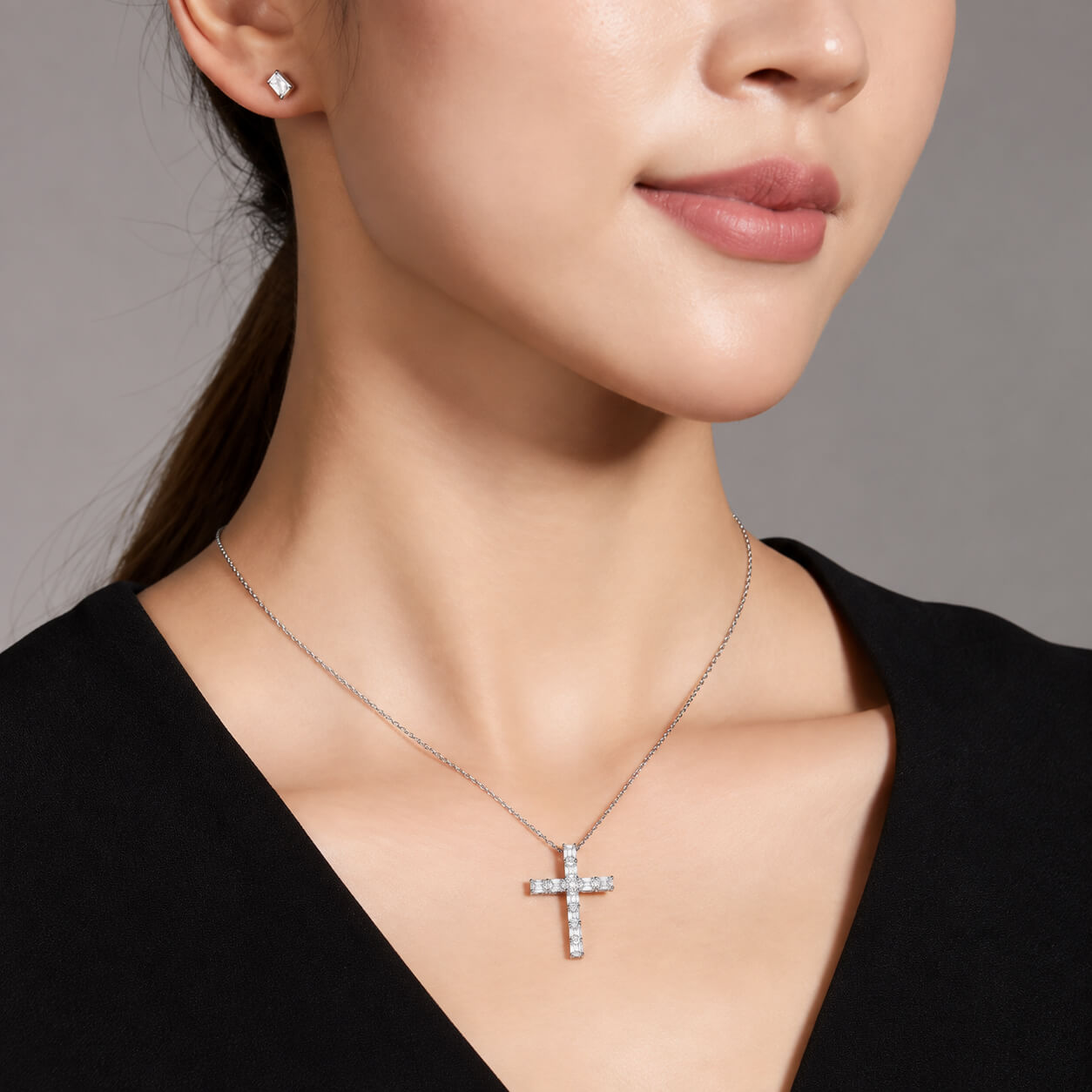 Emerald cut lab grown diamond cross pendant necklace