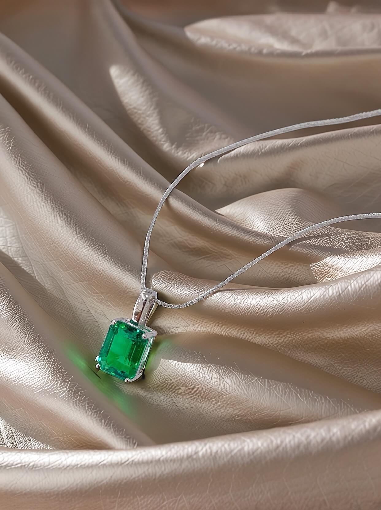 Emerald cut lab grown emerald pendant necklace