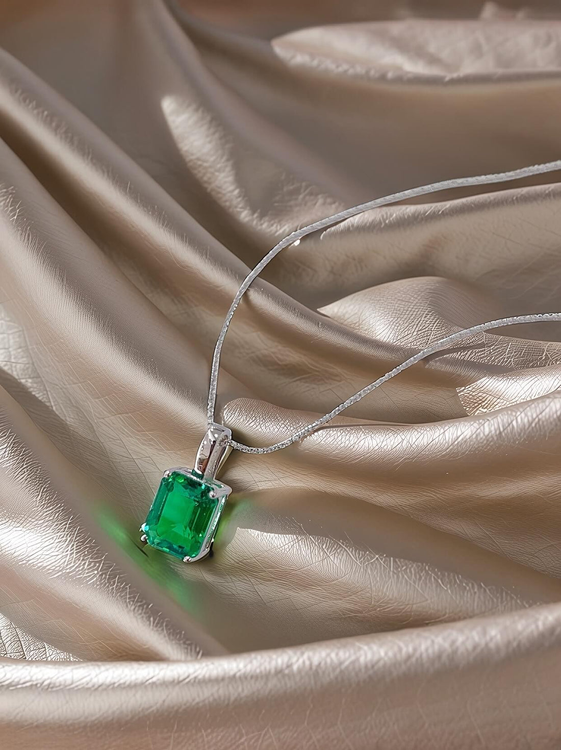 Emerald cut lab grown emerald pendant necklace