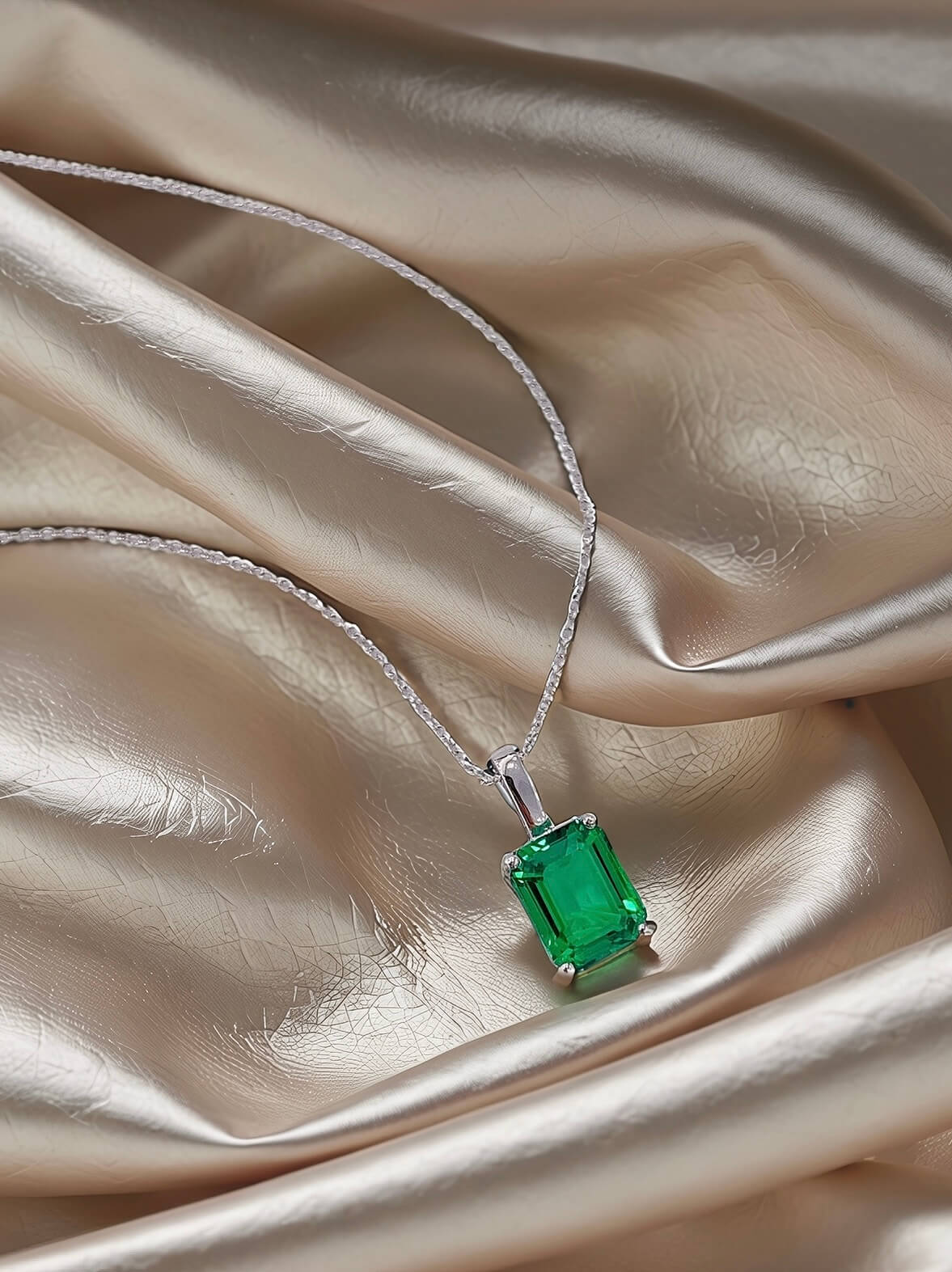 Emerald cut lab grown emerald pendant necklace