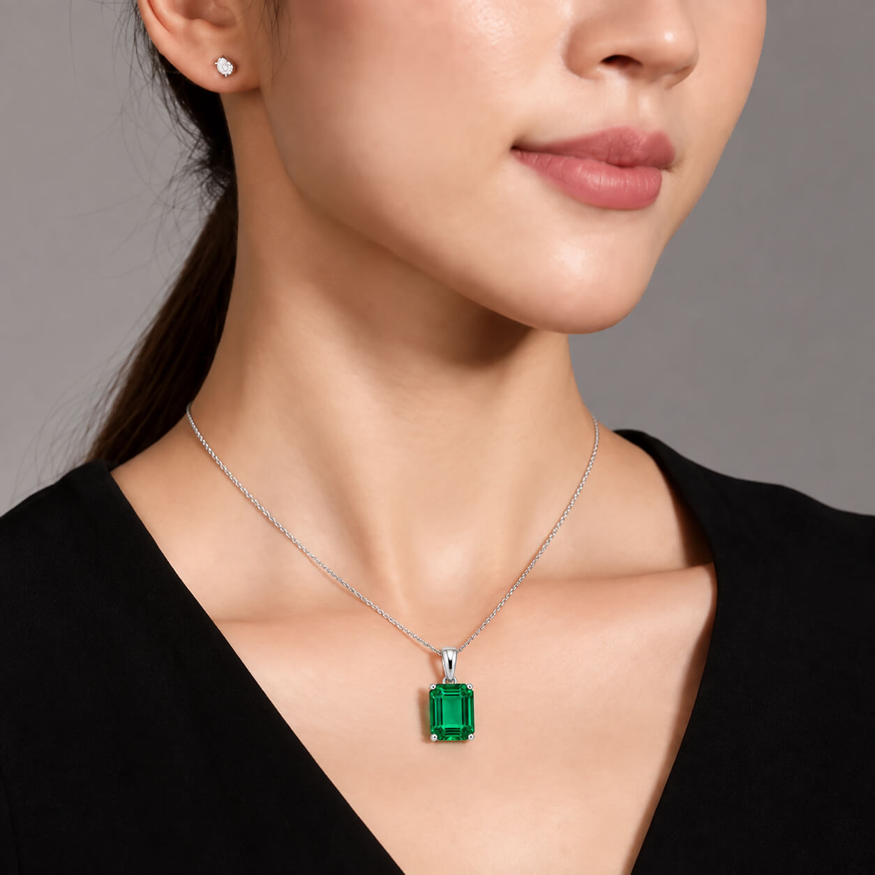 Emerald cut lab grown emerald pendant necklace