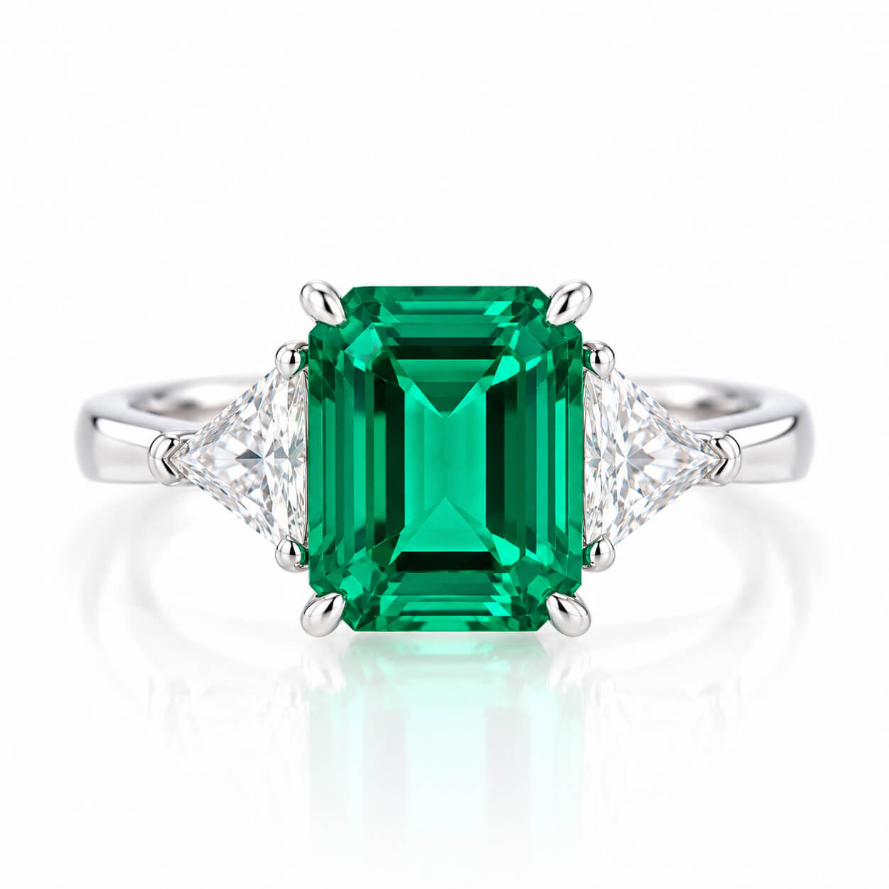 Emerald cut lab grown emerald three stones engagement ring