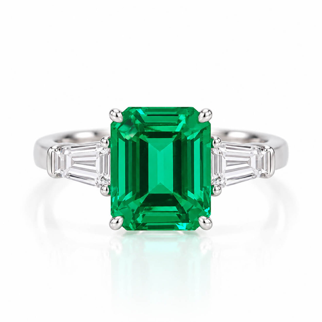 Emerald cut lab grown emerald three stones engagement ring