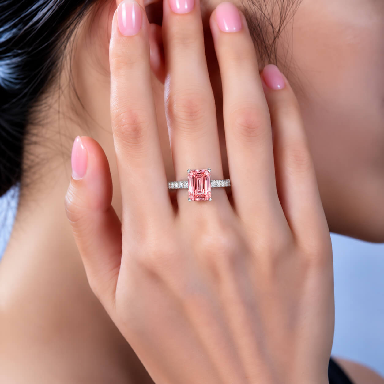 Emerald cut lab grown pink diamond engagement ring