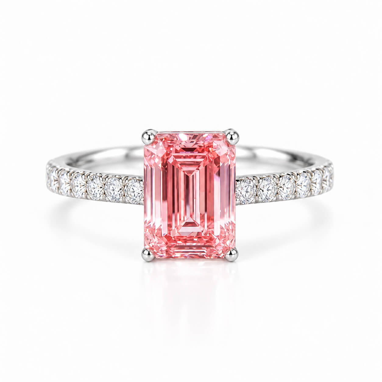 Emerald cut lab grown pink diamond engagement ring