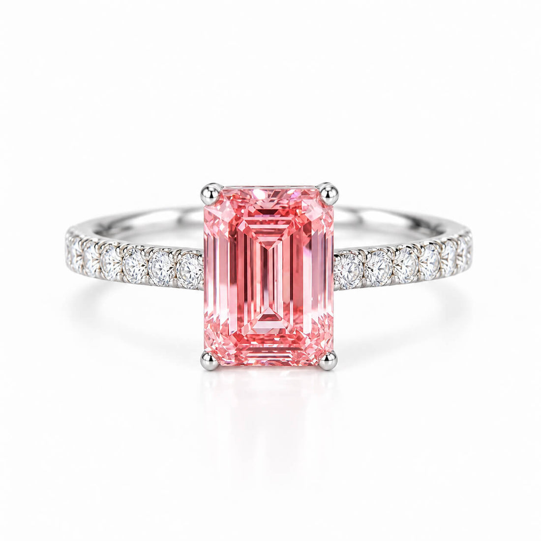 Emerald cut lab grown pink diamond engagement ring