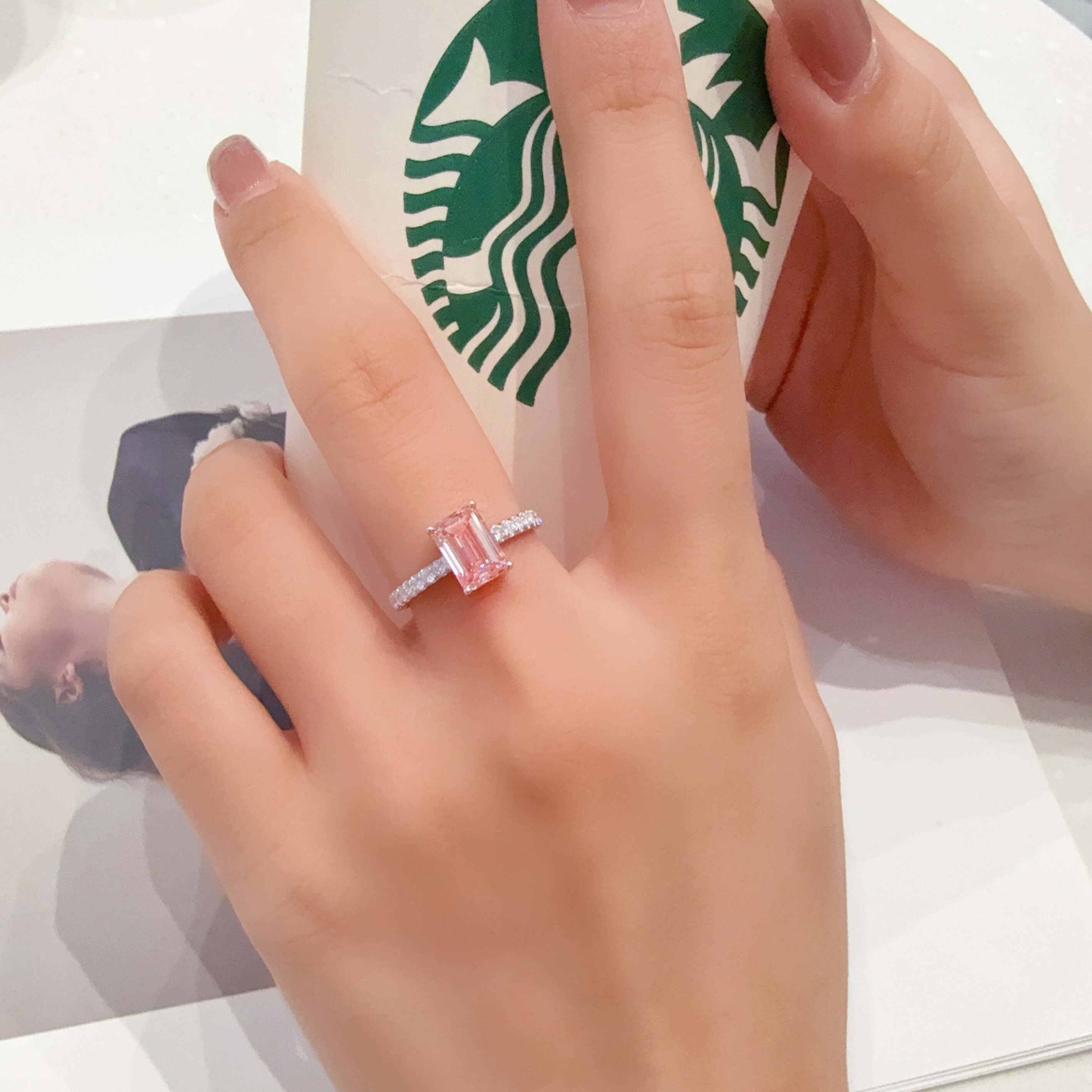 Emerald cut lab grown pink diamond engagement ring